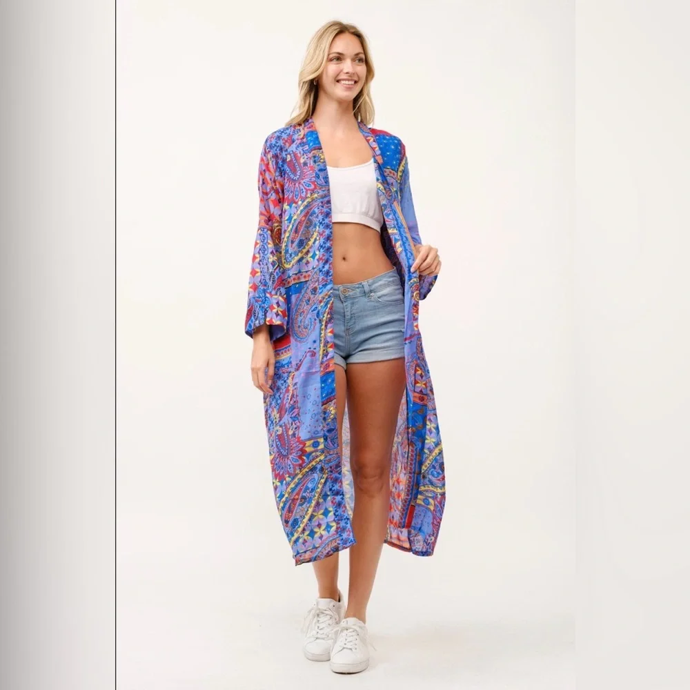 Raj Eva Paisley Mosaic Print Duster OS & Drawstring Pant Set; Size Large~NWT - Picture 3 of 16